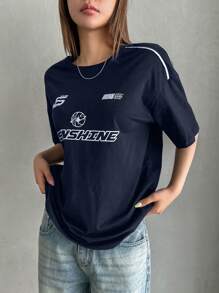 DAZY 字母圖案落肩T恤 - 藏蓝色 - 查看 5