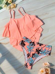 SHEIN Swim Bộ đồ bơi Tankini in họa tiết nhiệt đới bãi biển mùa hè, Đồ bơi - Nhiều màu - Xem 3