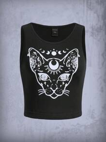 ROMWE Goth 大碼卡通圖案短款背心 - 黑色 - 查看 2