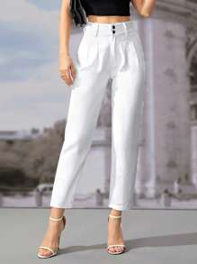 SHEIN Frenchy 高腰拼接細節九分牛仔褲 - 白色 - 查看 1