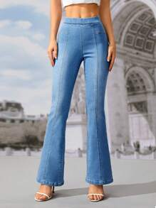 SHEIN Frenchy Elastic Waist Flare Leg Jeans - Light Wash - View 1