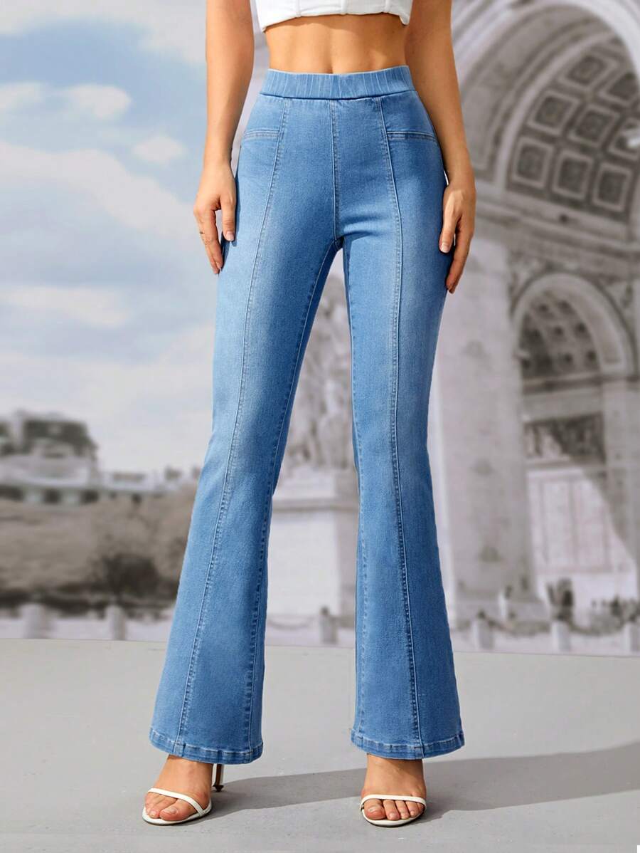 SHEIN Frenchy Elastic Waist Flare Leg Jeans - Light Wash - View 1