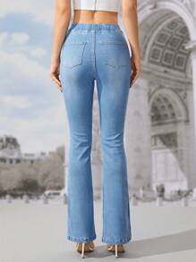 SHEIN Frenchy Elastic Waist Flare Leg Jeans - Light Wash - View 2