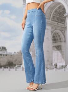 SHEIN Frenchy Elastic Waist Flare Leg Jeans - Light Wash - View 3