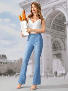 SHEIN Frenchy Elastic Waist Flare Leg Jeans - Light Wash - View 4
