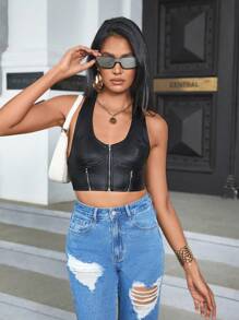 Chiquease Áo hở lưng gợi cảm có khóa kéo cổ yếm cho nữ, mùa hè - màu đen - Xem 4