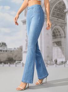SHEIN Frenchy Elastic Waist Flare Leg Jeans - Light Wash - View 5