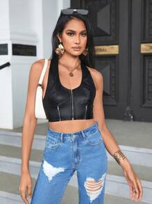 Chiquease Áo hở lưng gợi cảm có khóa kéo cổ yếm cho nữ, mùa hè - màu đen - Xem 6