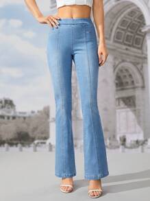 SHEIN Frenchy Elastic Waist Flare Leg Jeans - Light Wash - View 6