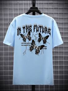 Manfinity EMRG Men Butterfly & Slogan Graphic Tee, Baby Blue Graphic Tee Men, Future Graphic Tee - Baby Blue - View 3