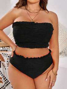 SHEIN Swim Curve Bộ bikini băng đô có viền xếp nếp Plus Size Plus đi biển mùa hè - màu đen - Xem 3