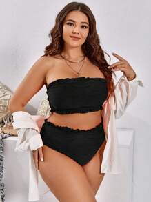SHEIN Swim Curve Bộ bikini băng đô có viền xếp nếp Plus Size Plus đi biển mùa hè - màu đen - Xem 4