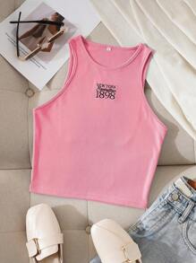 INAWLY Letter Embroidery Crop Tank Top Graphic Tees Women Tops - Pink - View 1