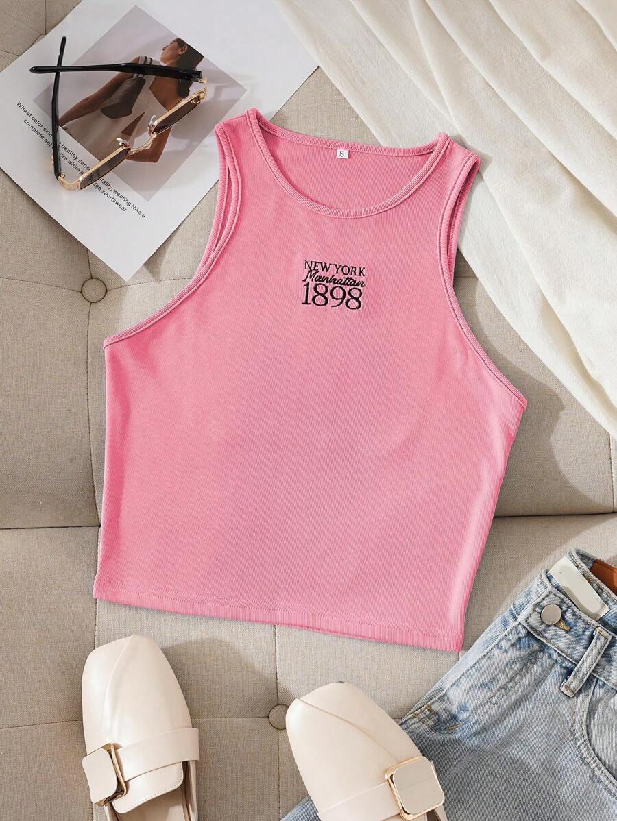 INAWLY Letter Embroidery Crop Tank Top Graphic Tees Women Tops - Pink - View 1