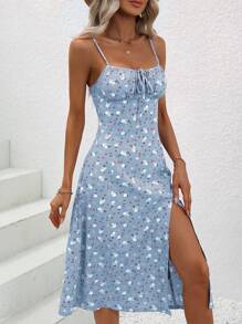 Breezaya Ditsy Floral Print Knot Front Split Thigh Cami Dress