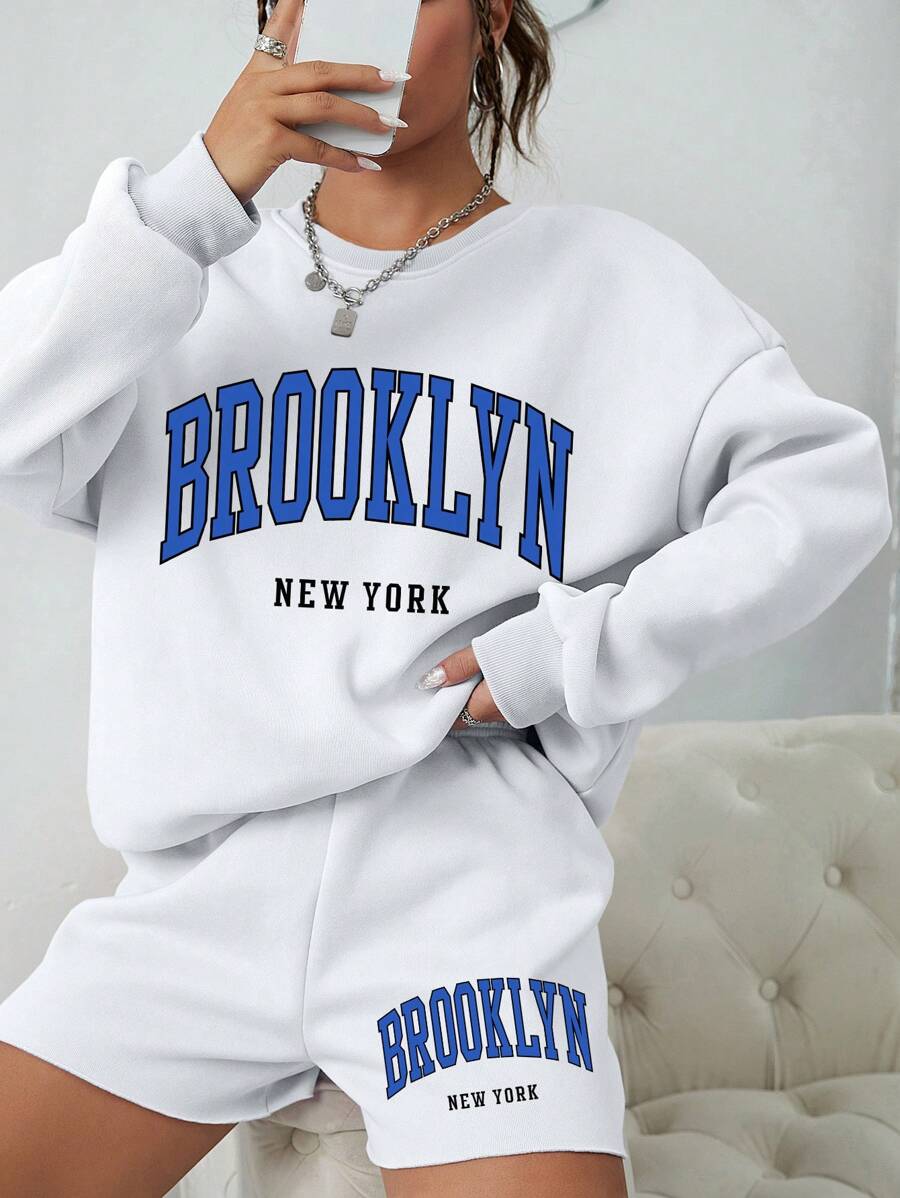 INAWLY 字母圖案落肩袖運動衫和短褲 - 白色 - 查看 1