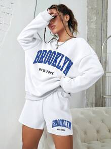 INAWLY 字母圖案落肩袖運動衫和短褲 - 白色 - 查看 3