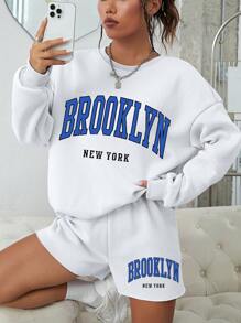 INAWLY 字母圖案落肩袖運動衫和短褲 - 白色 - 查看 4