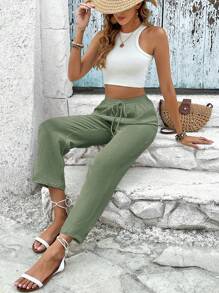 SHEIN Frenchy Solid Tie Waist Cropped Pants