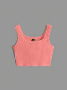 SHEIN BASICS Solid Ribbed Knit Tank Top - Coral Orange - View 1