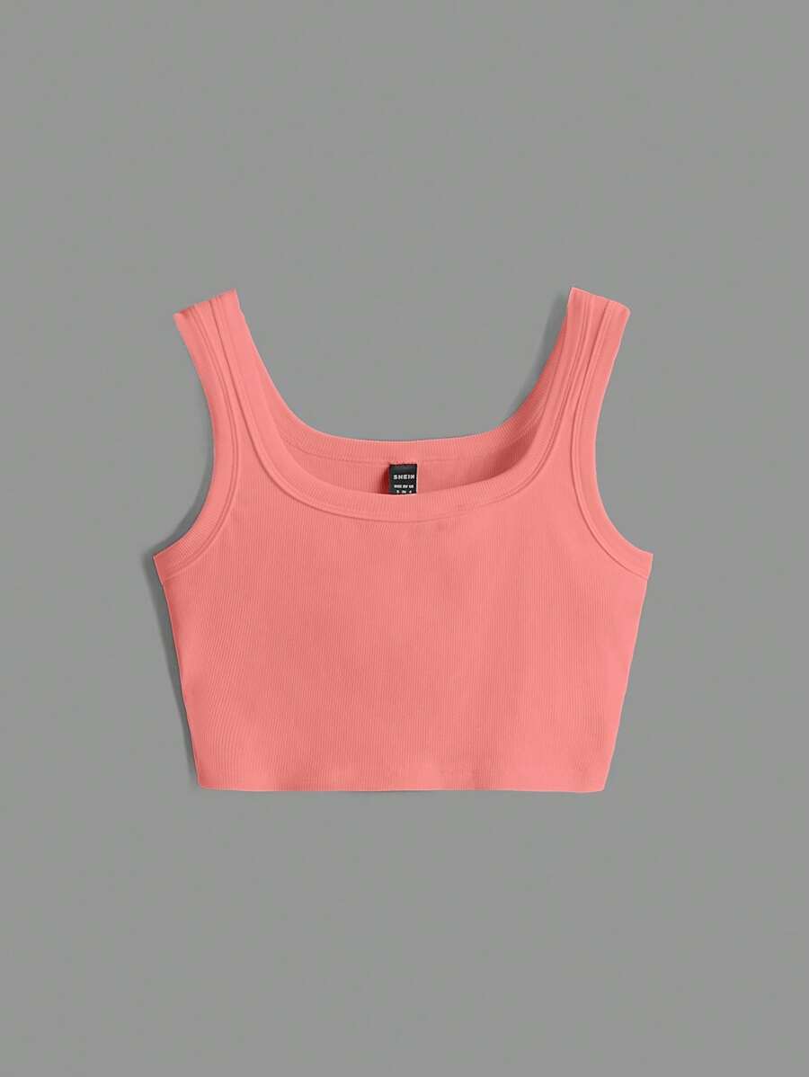 SHEIN BASICS Solid Ribbed Knit Tank Top - Coral Orange - View 1