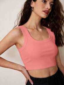 SHEIN BASICS Solid Ribbed Knit Tank Top - Coral Orange - View 2