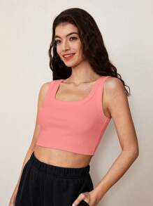 SHEIN BASICS Solid Ribbed Knit Tank Top - Coral Orange - View 4