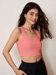 SHEIN BASICS Solid Ribbed Knit Tank Top - Coral Orange - View 5