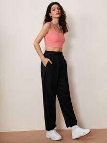 SHEIN BASICS Solid Ribbed Knit Tank Top - Coral Orange - View 6