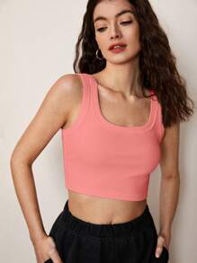 SHEIN BASICS Solid Ribbed Knit Tank Top - Coral Orange - View 7