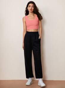 SHEIN BASICS Solid Ribbed Knit Tank Top - Coral Orange - View 8