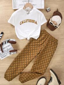 女孩字母圖案T恤和滿版印花長褲 - 彩色 - 查看 1