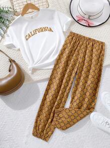 女孩字母圖案T恤和滿版印花長褲 - 彩色 - 查看 8