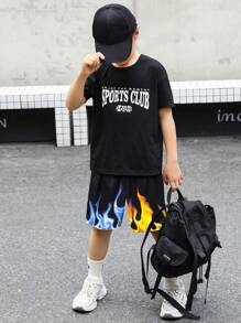 SHEIN Fantacosmos 青少年男孩火印花彈性腰短褲 - 黑色 - 查看 1