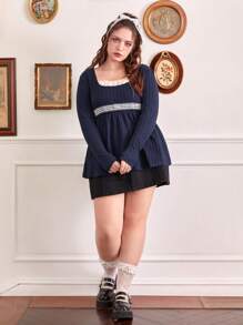 ROMWE Kawaii 加大对比色蕾丝荷叶边娃娃装 T 恤，学校 - 藏蓝色 - 查看 2