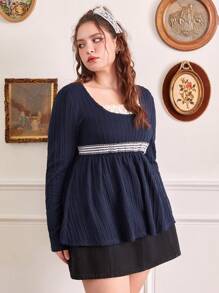 ROMWE Kawaii 加大对比色蕾丝荷叶边娃娃装 T 恤，学校 - 藏蓝色 - 查看 3