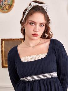 ROMWE Kawaii 加大对比色蕾丝荷叶边娃娃装 T 恤，学校 - 藏蓝色 - 查看 4