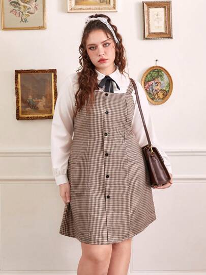 J-Fashion Plus Plaid Print Button Front Dress Without Blouse