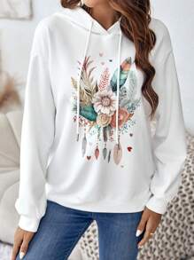 SHEIN LUNE Capucha con estampado floral & de pluma de hombros caídos con cordón