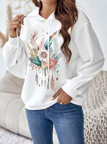 SHEIN LUNE Capucha con estampado floral & de pluma de hombros caídos con cordón