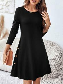 SHEIN LUNE Vestido línea A con diseño de botón - Negro - Ver 1