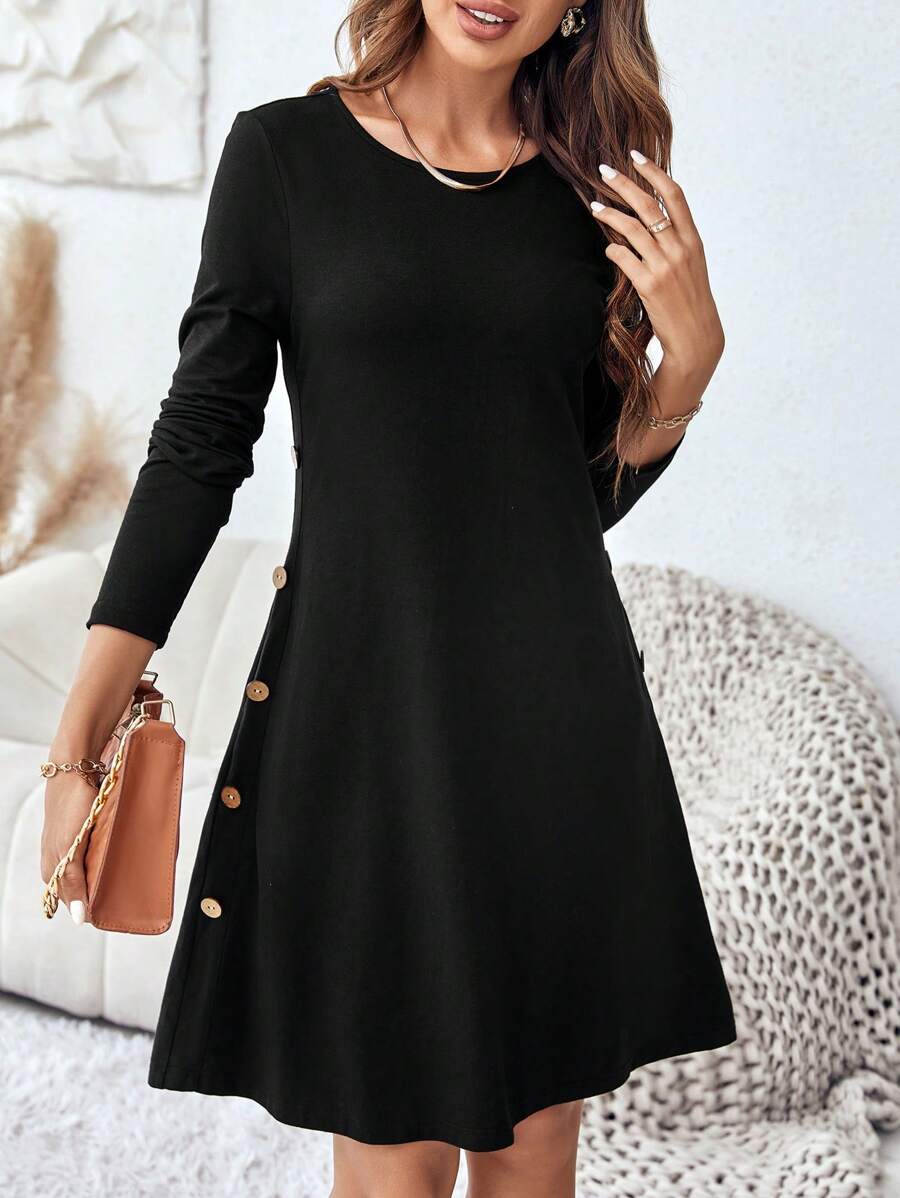 SHEIN LUNE Vestido línea A con diseño de botón - Negro - Ver 1