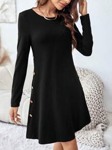 SHEIN LUNE Vestido línea A con diseño de botón - Negro - Ver 3
