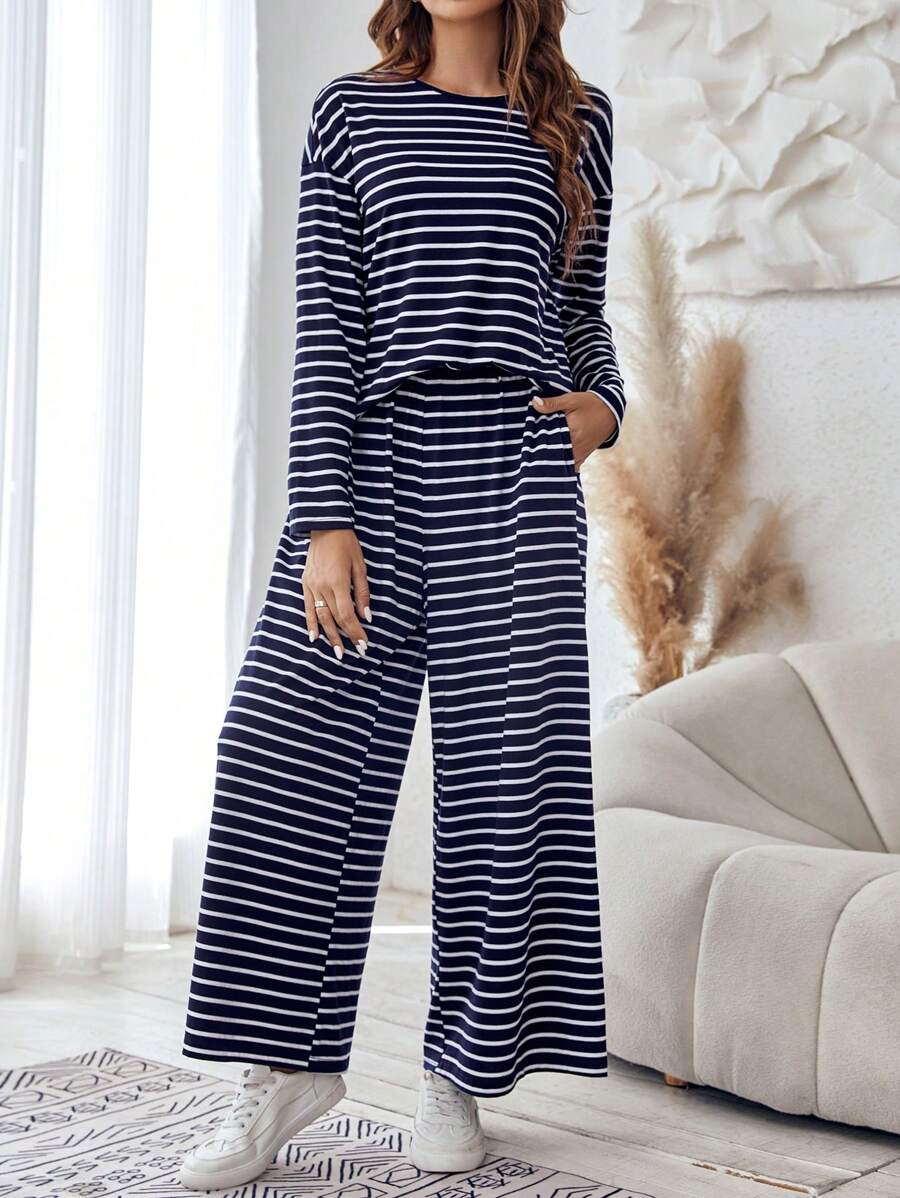 SHEIN LUNE Striped Print Drop Shoulder Tee & Wide Leg Trousers - Blue and White - View 1