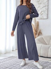 SHEIN LUNE Striped Print Drop Shoulder Tee & Wide Leg Trousers - Blue and White - View 5