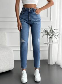 RueChic Jeans strappati mom fit vita alta