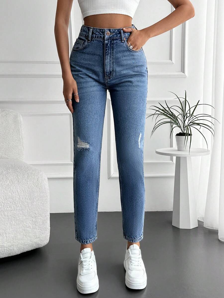 RueChic Jeans strappati mom fit vita alta