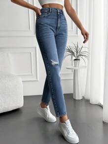 RueChic Jeans strappati mom fit vita alta
