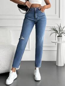RueChic Jeans strappati mom fit vita alta