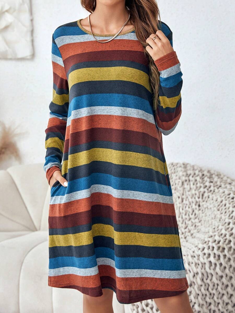 SHEIN LUNE Striped Print Hidden Pocket Tee Dress - Multicolor - View 1